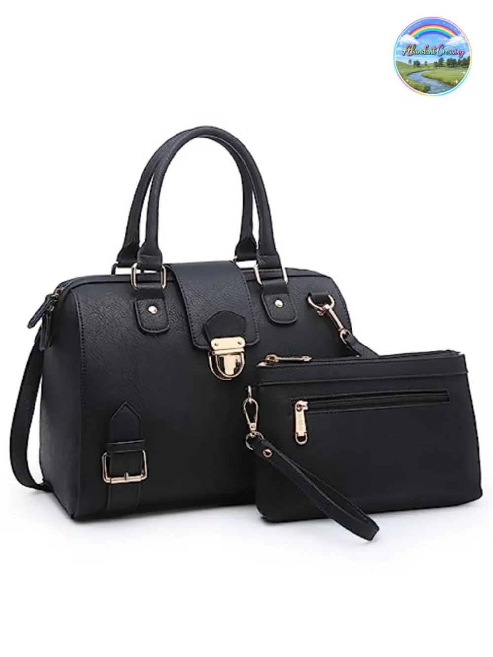 Vegan Leather Satchel Purse with Detachable Shoulder Strap and Wristlet